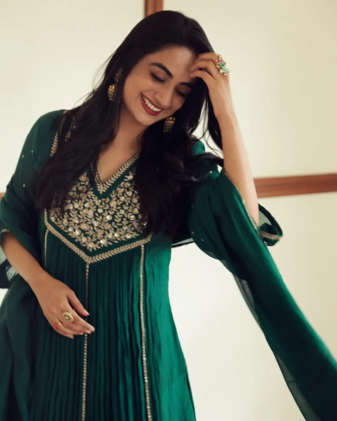 Namitha Pramod Wearing Beautiful Earring Designer Green Dress